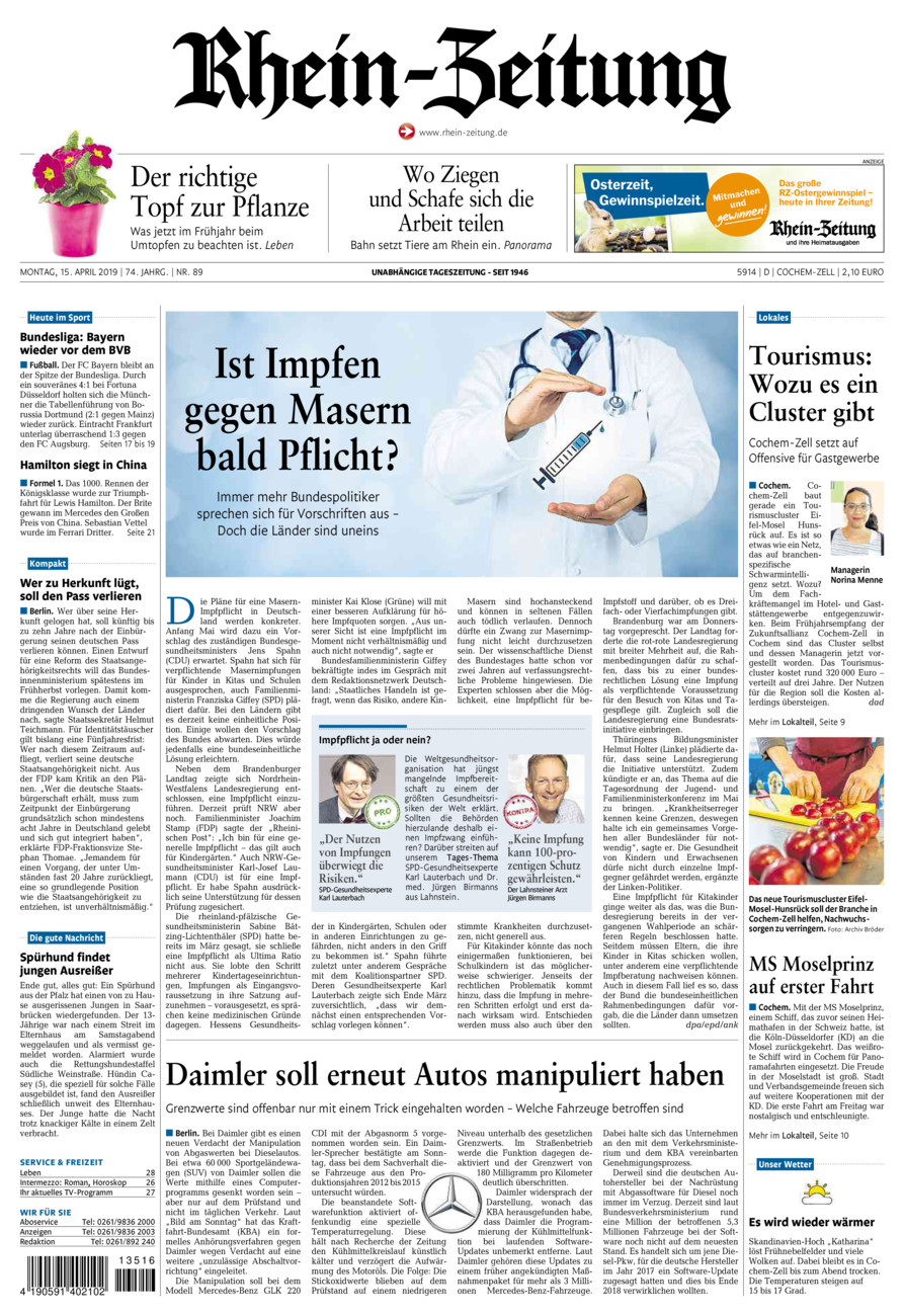 Rhein-Zeitung Kreis Cochem-Zell vom Montag, 15.04.2019