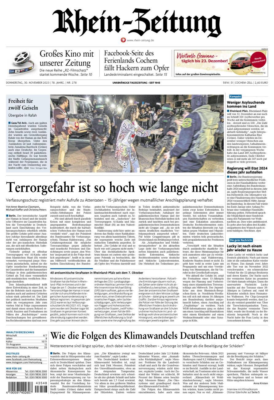 Rhein-Zeitung Kreis Cochem-Zell vom Donnerstag, 30.11.2023