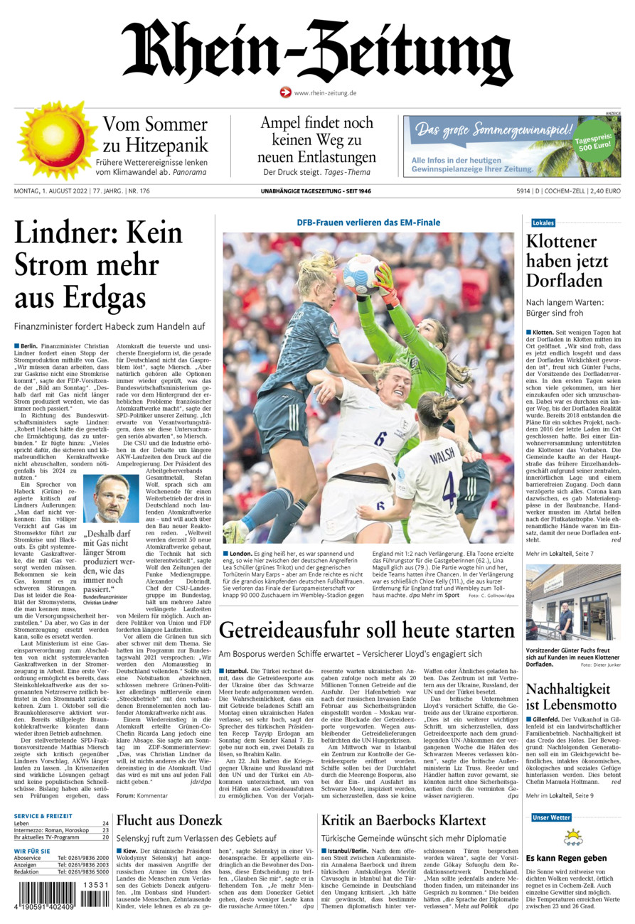 Rhein-Zeitung Kreis Cochem-Zell vom Montag, 01.08.2022