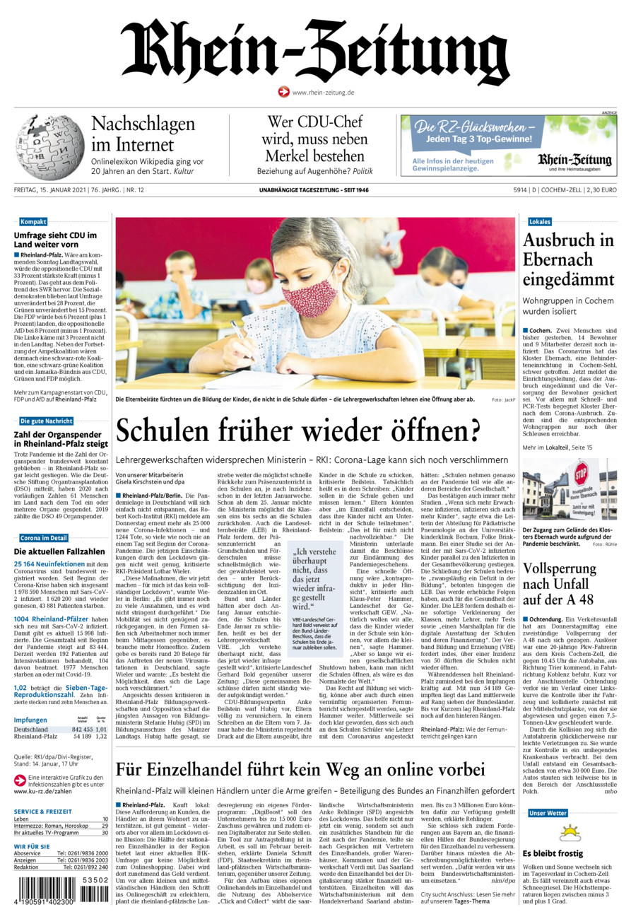 Rhein-Zeitung Kreis Cochem-Zell vom Freitag, 15.01.2021