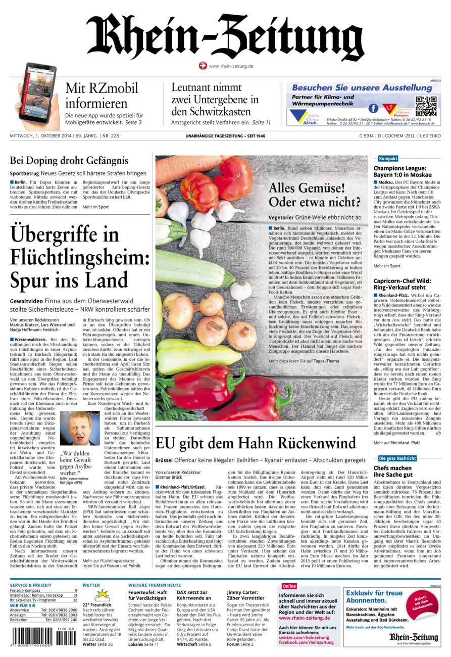 Rhein-Zeitung Kreis Cochem-Zell vom Mittwoch, 01.10.2014