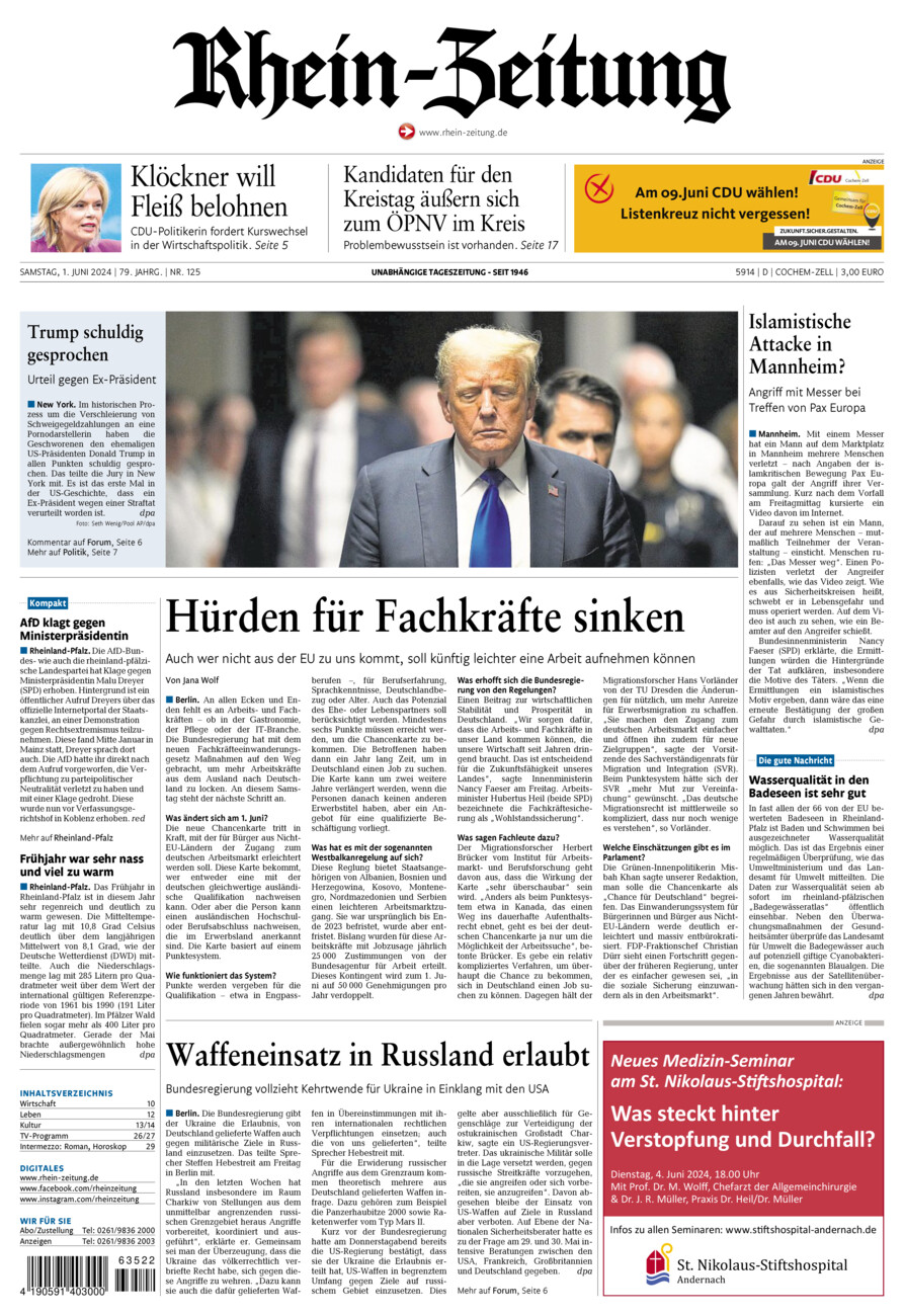 Rhein-Zeitung Kreis Cochem-Zell vom Samstag, 01.06.2024