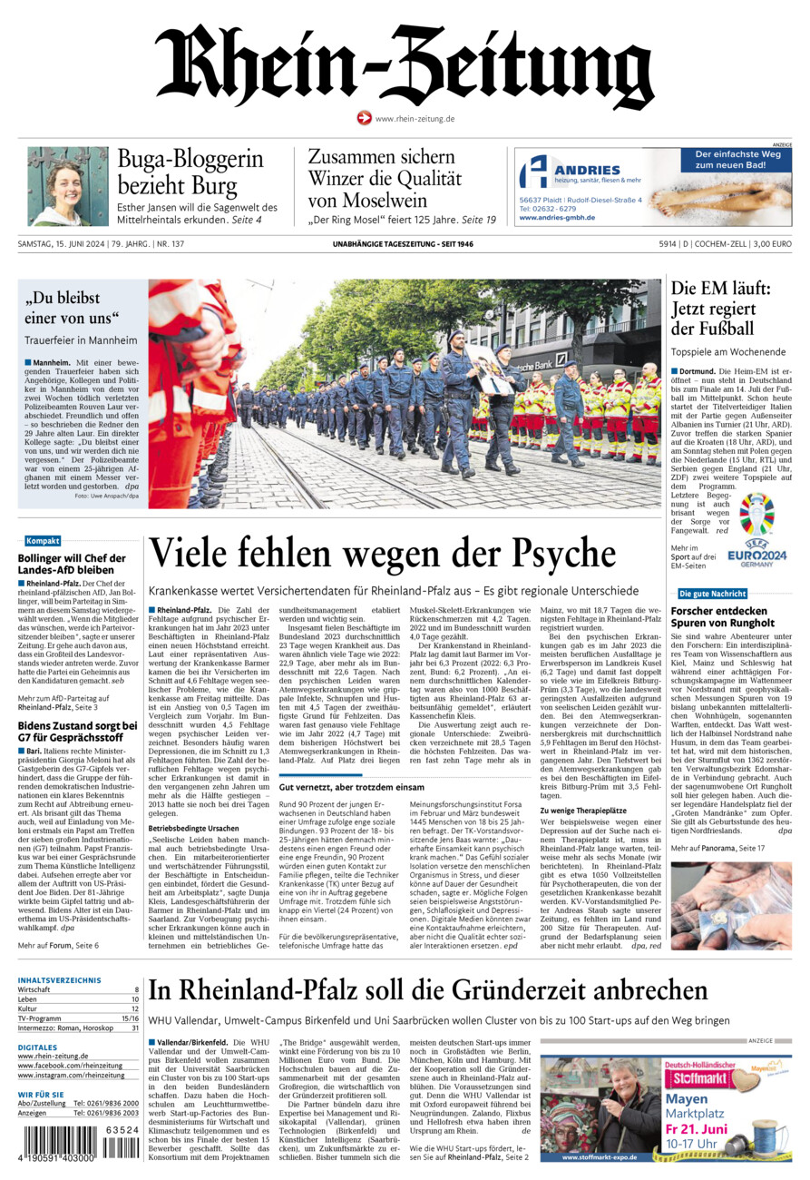 Rhein-Zeitung Kreis Cochem-Zell vom Samstag, 15.06.2024