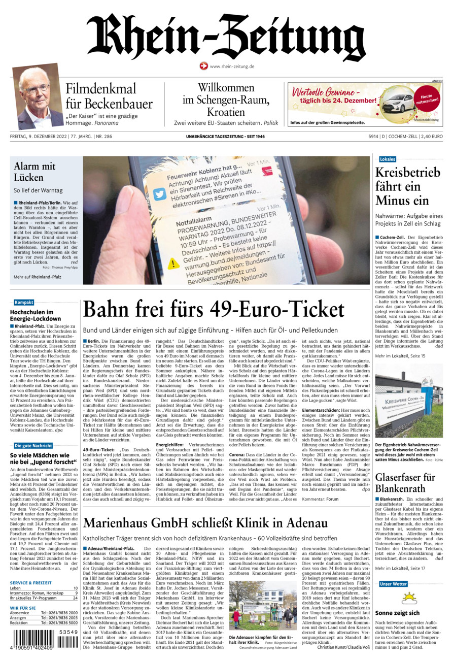 Rhein-Zeitung Kreis Cochem-Zell vom Freitag, 09.12.2022
