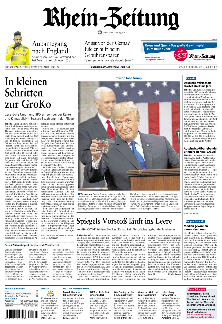 Rhein-Zeitung Kreis Cochem-Zell vom Donnerstag, 01.02.2018