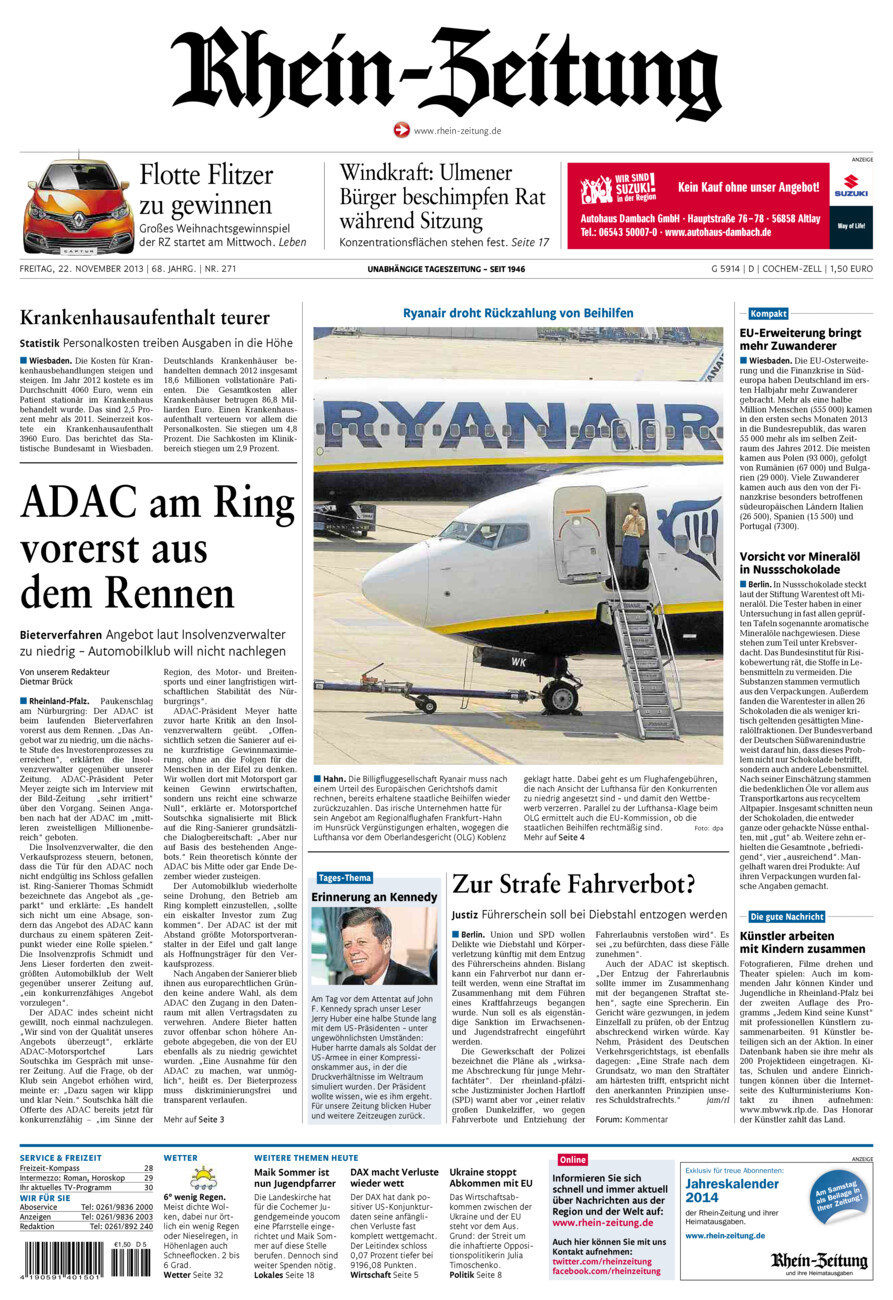 Rhein-Zeitung Kreis Cochem-Zell vom Freitag, 22.11.2013