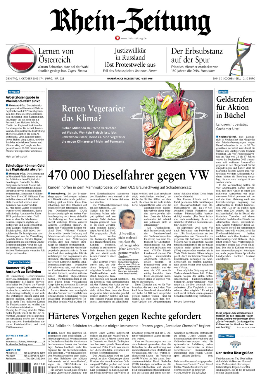 Rhein-Zeitung Kreis Cochem-Zell vom Dienstag, 01.10.2019