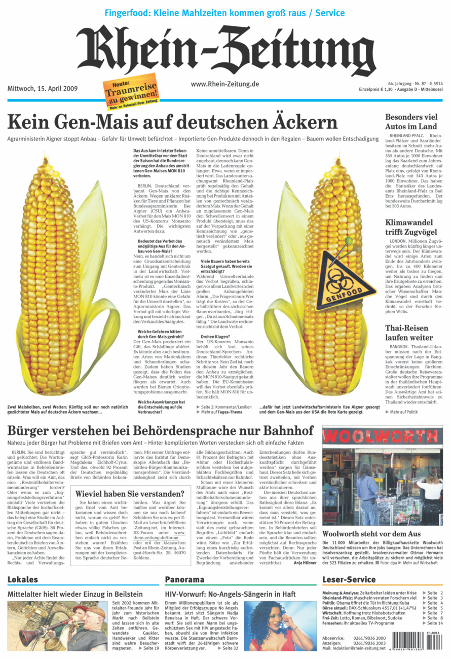 Rhein-Zeitung Kreis Cochem-Zell vom Mittwoch, 15.04.2009