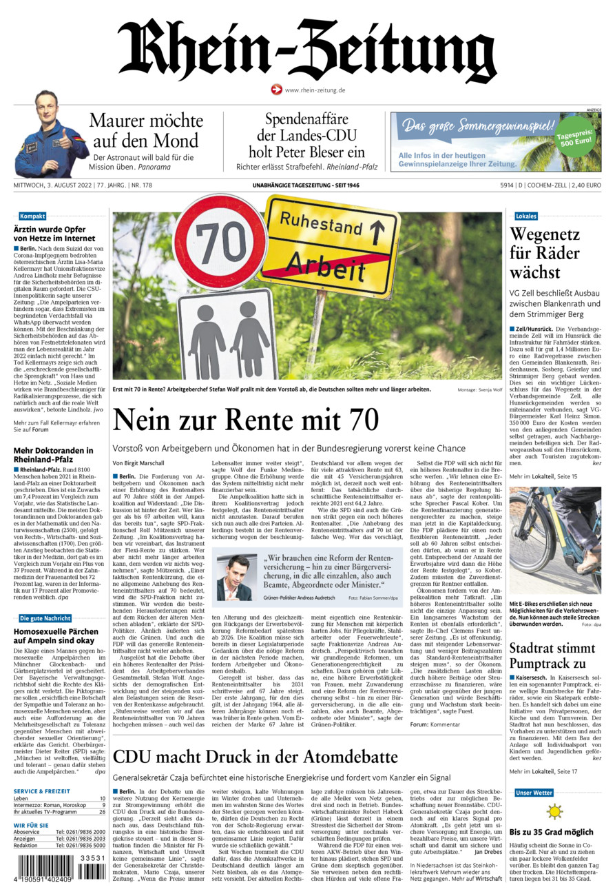 Rhein-Zeitung Kreis Cochem-Zell vom Mittwoch, 03.08.2022