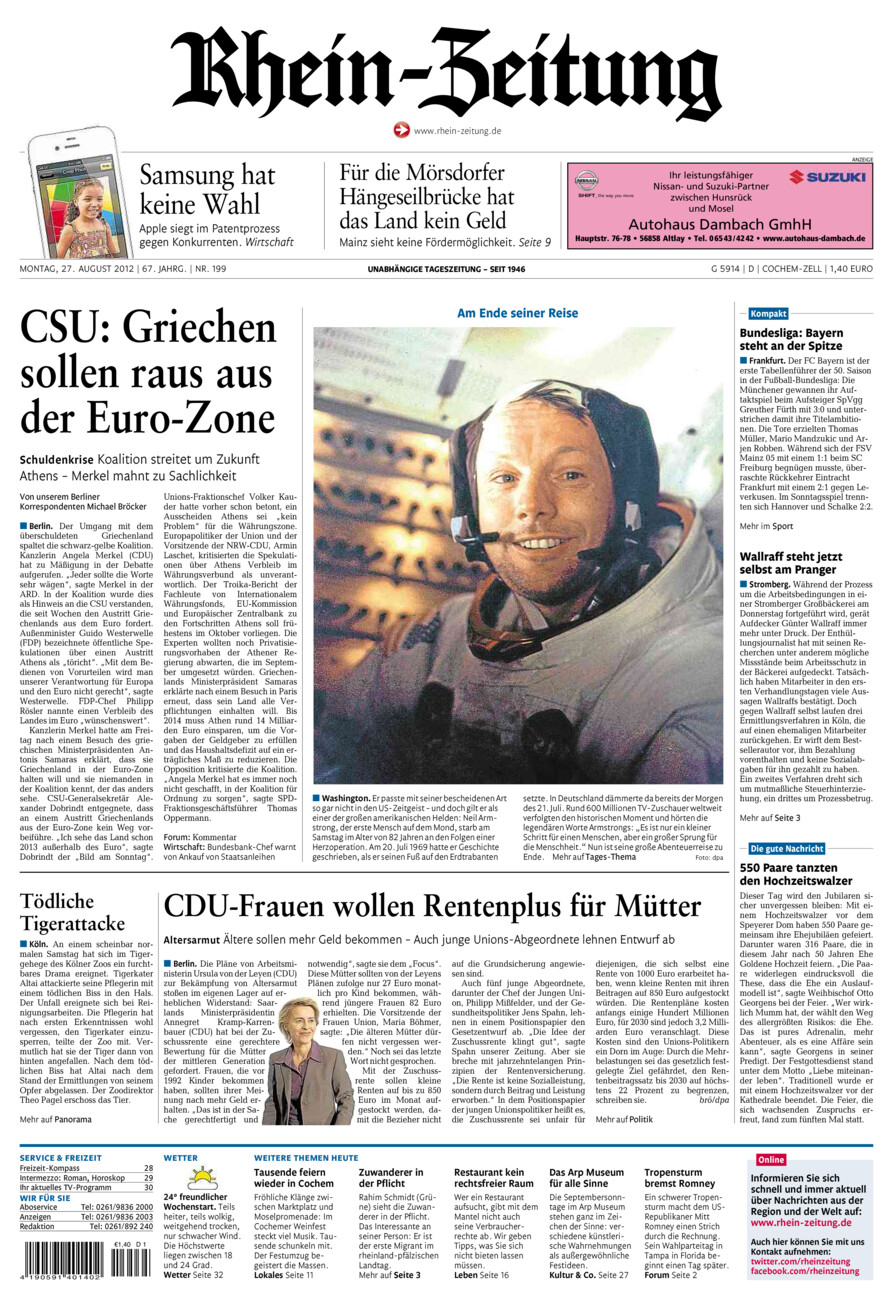 Rhein-Zeitung Kreis Cochem-Zell vom Montag, 27.08.2012