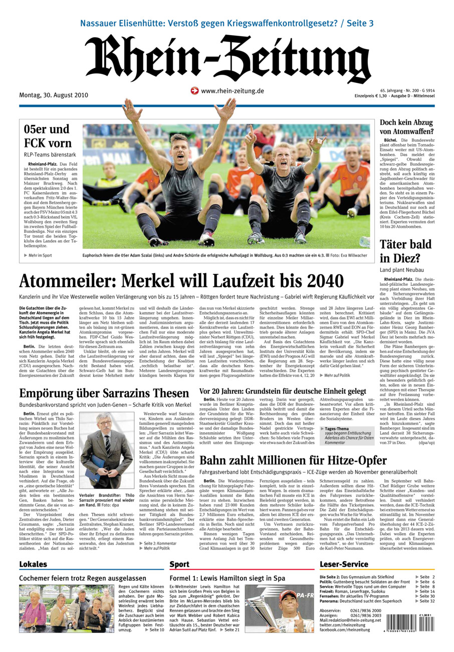 Rhein-Zeitung Kreis Cochem-Zell vom Montag, 30.08.2010