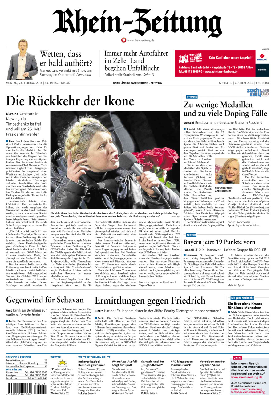Rhein-Zeitung Kreis Cochem-Zell vom Montag, 24.02.2014