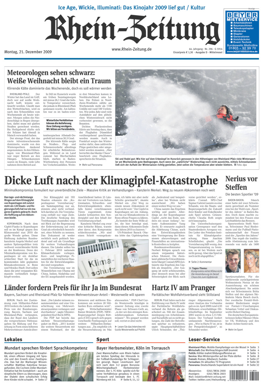 Rhein-Zeitung Kreis Cochem-Zell vom Montag, 21.12.2009
