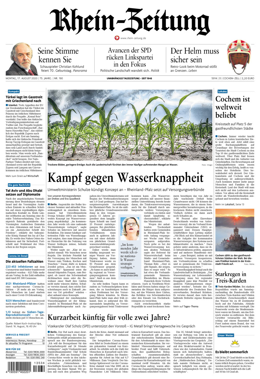 Rhein-Zeitung Kreis Cochem-Zell vom Montag, 17.08.2020