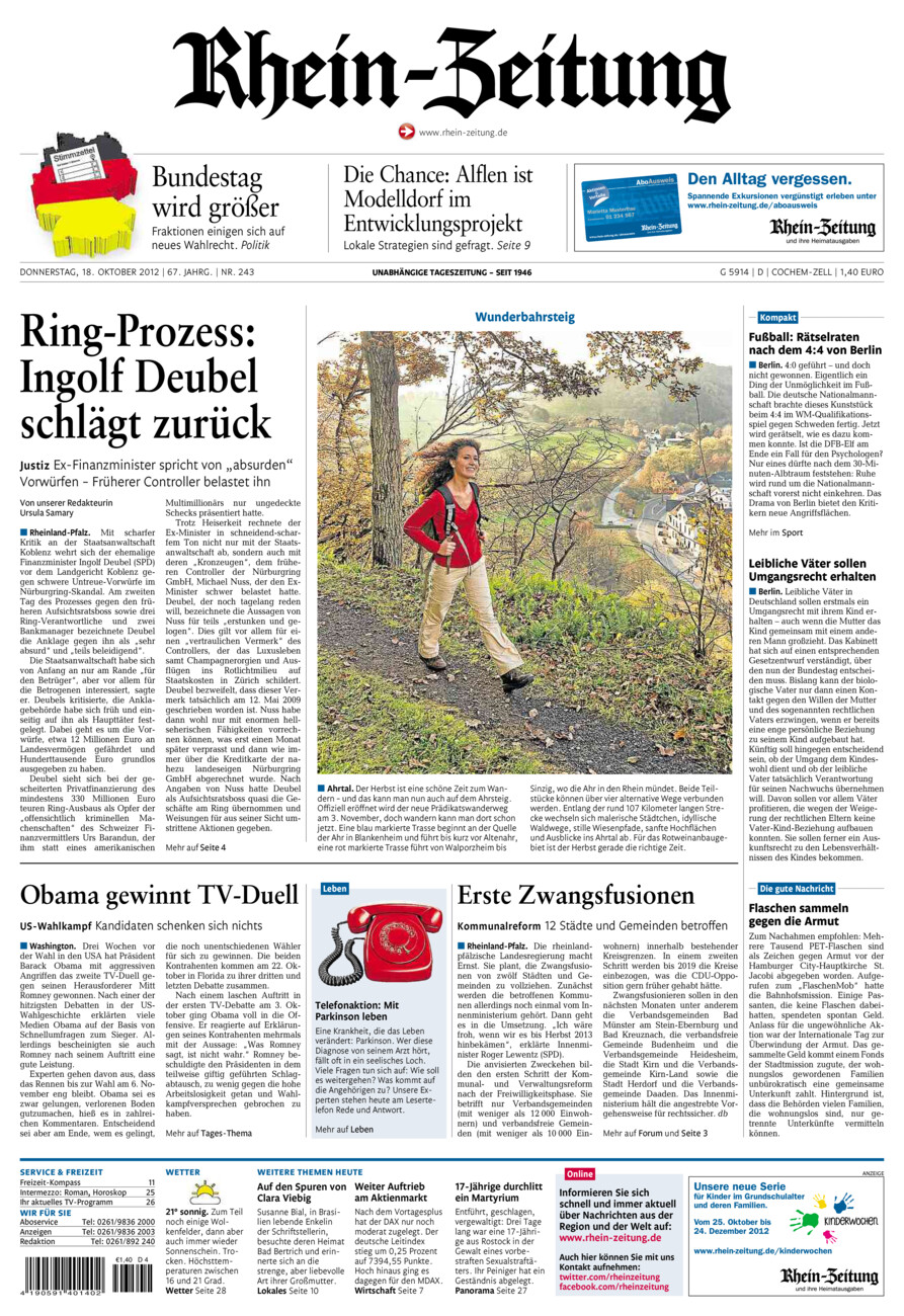 Rhein-Zeitung Kreis Cochem-Zell vom Donnerstag, 18.10.2012