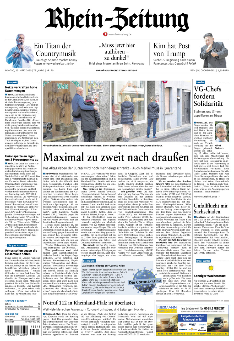 Rhein-Zeitung Kreis Cochem-Zell vom Montag, 23.03.2020