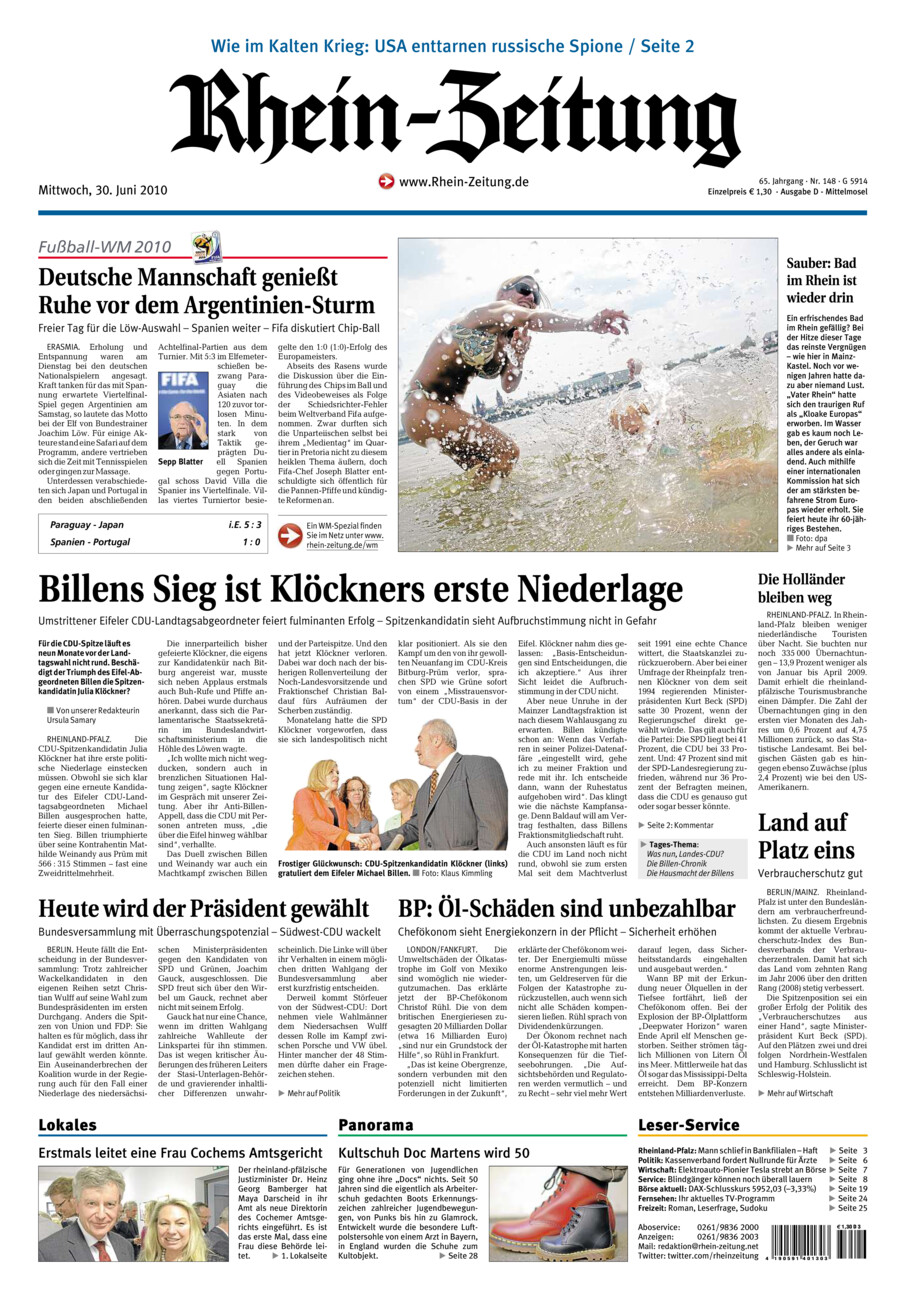 Rhein-Zeitung Kreis Cochem-Zell vom Mittwoch, 30.06.2010