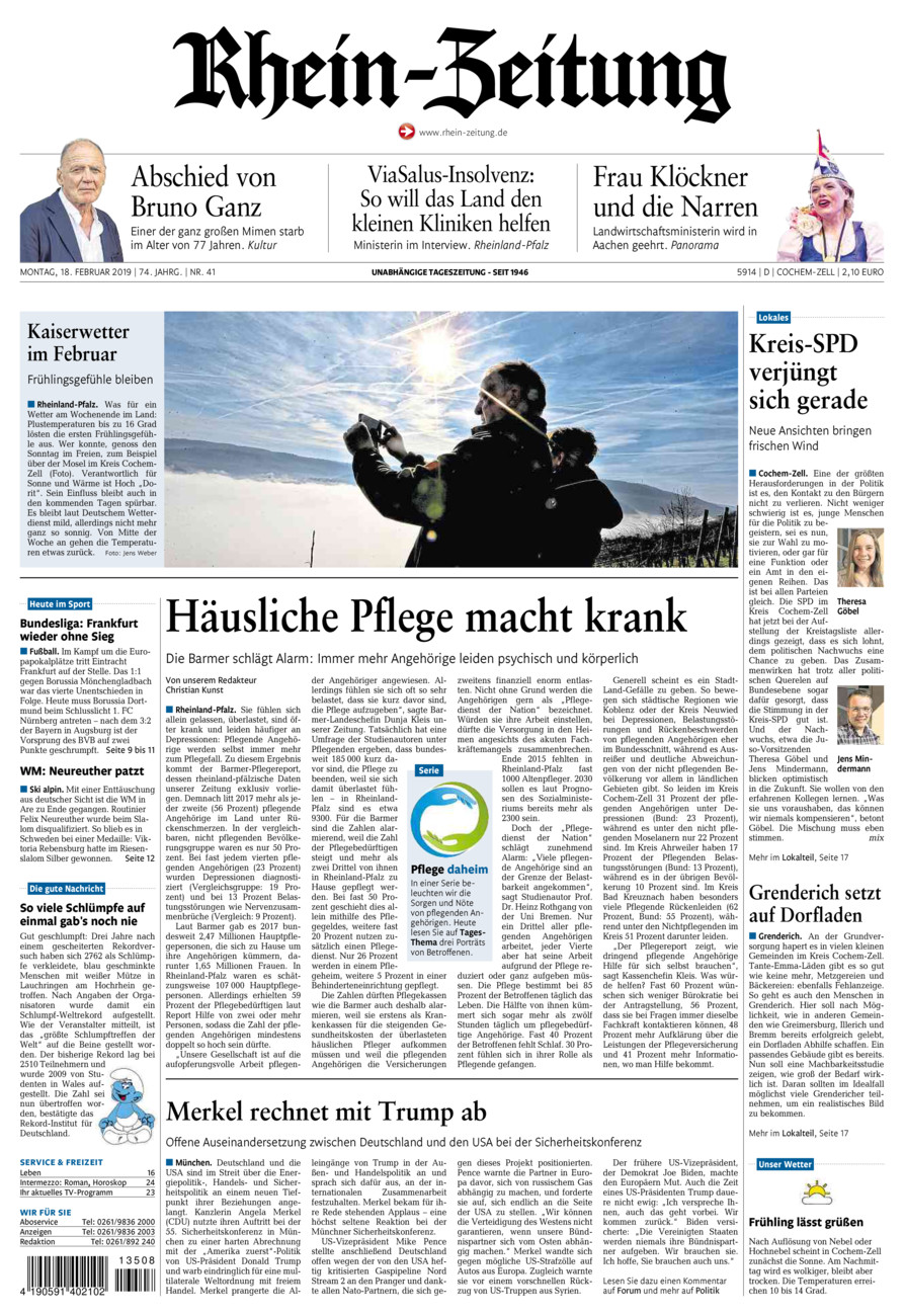 Rhein-Zeitung Kreis Cochem-Zell vom Montag, 18.02.2019