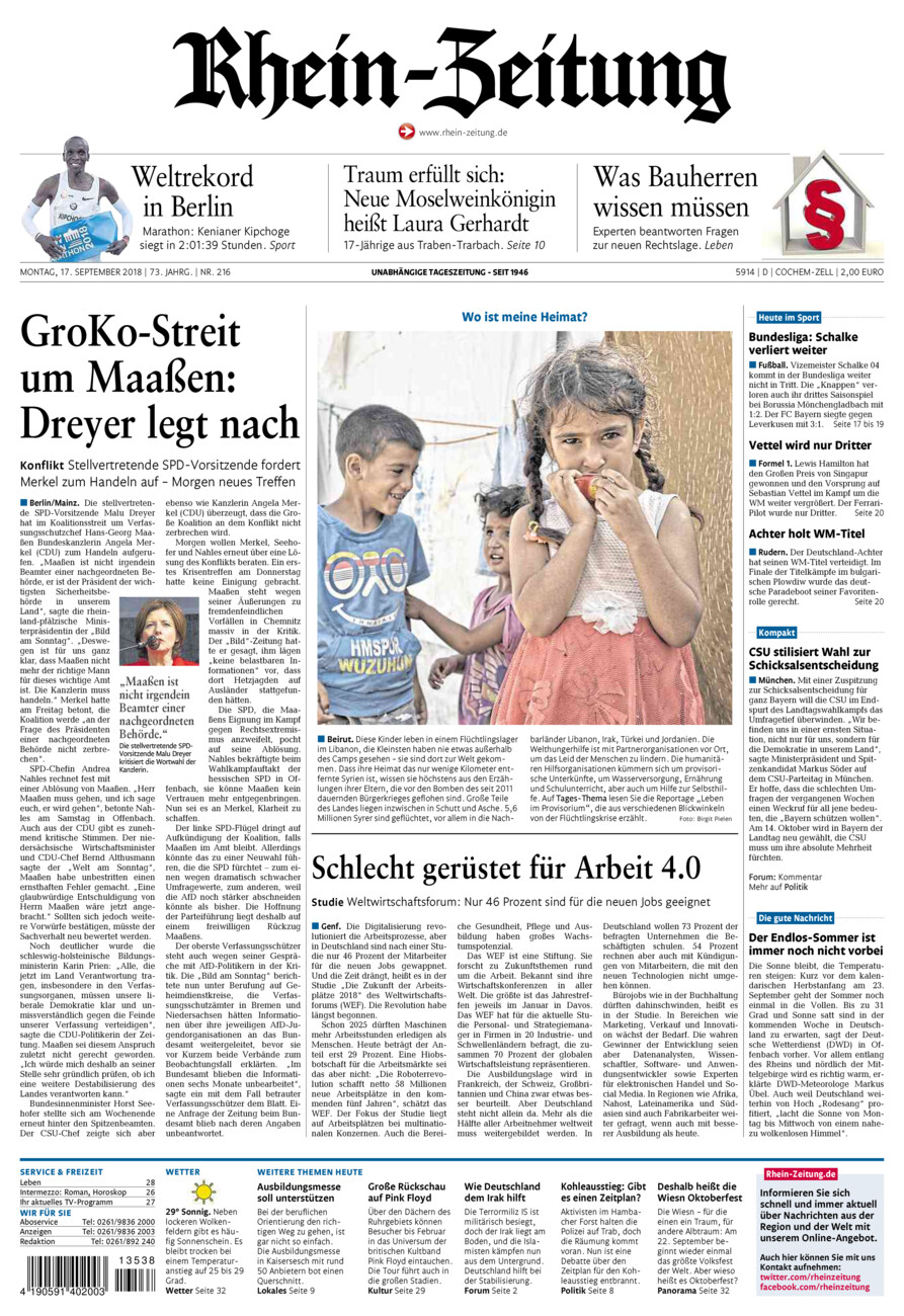Rhein-Zeitung Kreis Cochem-Zell vom Montag, 17.09.2018