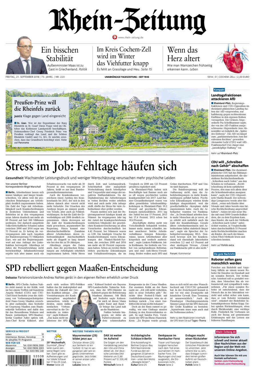 Rhein-Zeitung Kreis Cochem-Zell vom Freitag, 21.09.2018