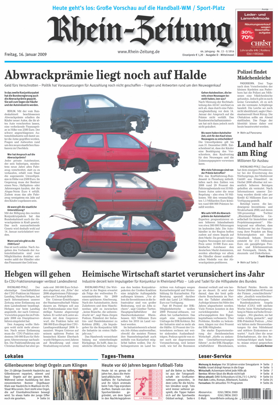 Rhein-Zeitung Kreis Cochem-Zell vom Freitag, 16.01.2009