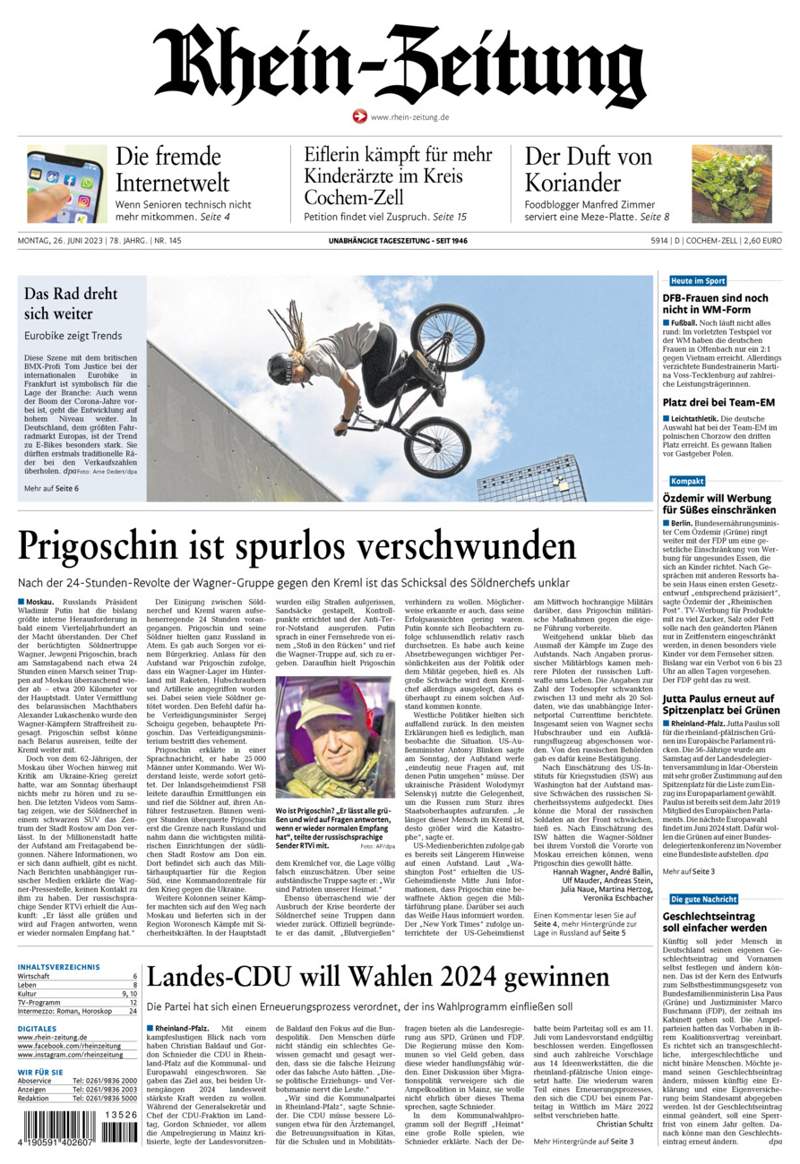 Rhein-Zeitung Kreis Cochem-Zell vom Montag, 26.06.2023