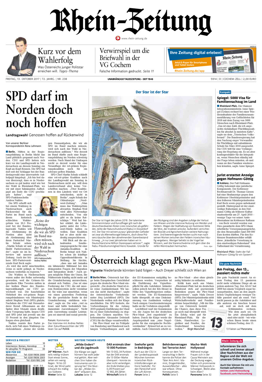 Rhein-Zeitung Kreis Cochem-Zell vom Freitag, 13.10.2017