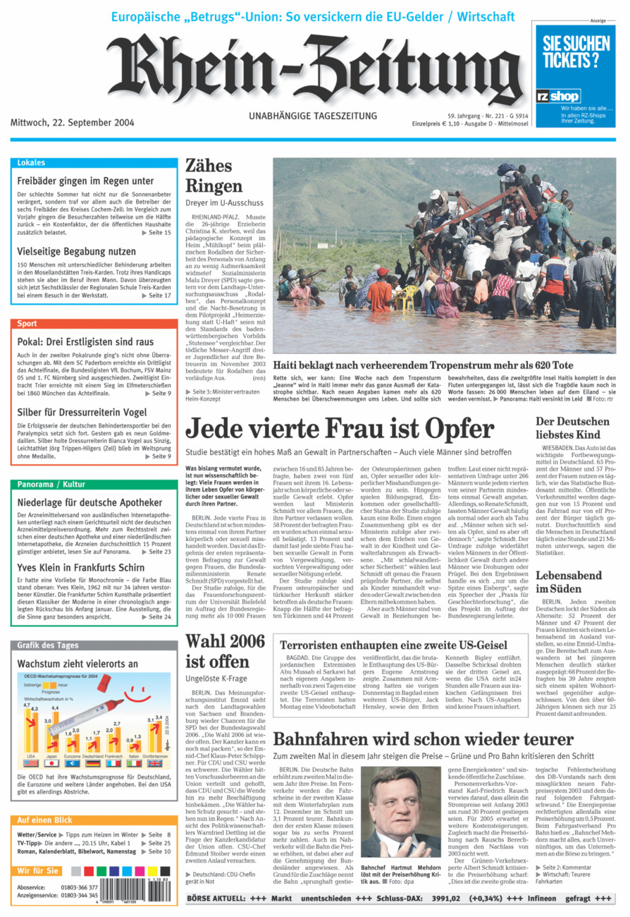 Rhein-Zeitung Kreis Cochem-Zell vom Mittwoch, 22.09.2004