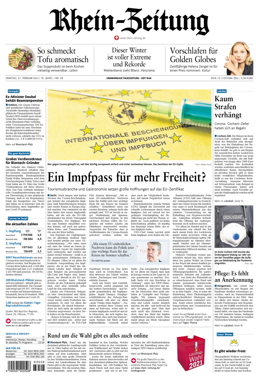 Rhein-Zeitung Kreis Cochem-Zell vom Samstag, 27.02.2021