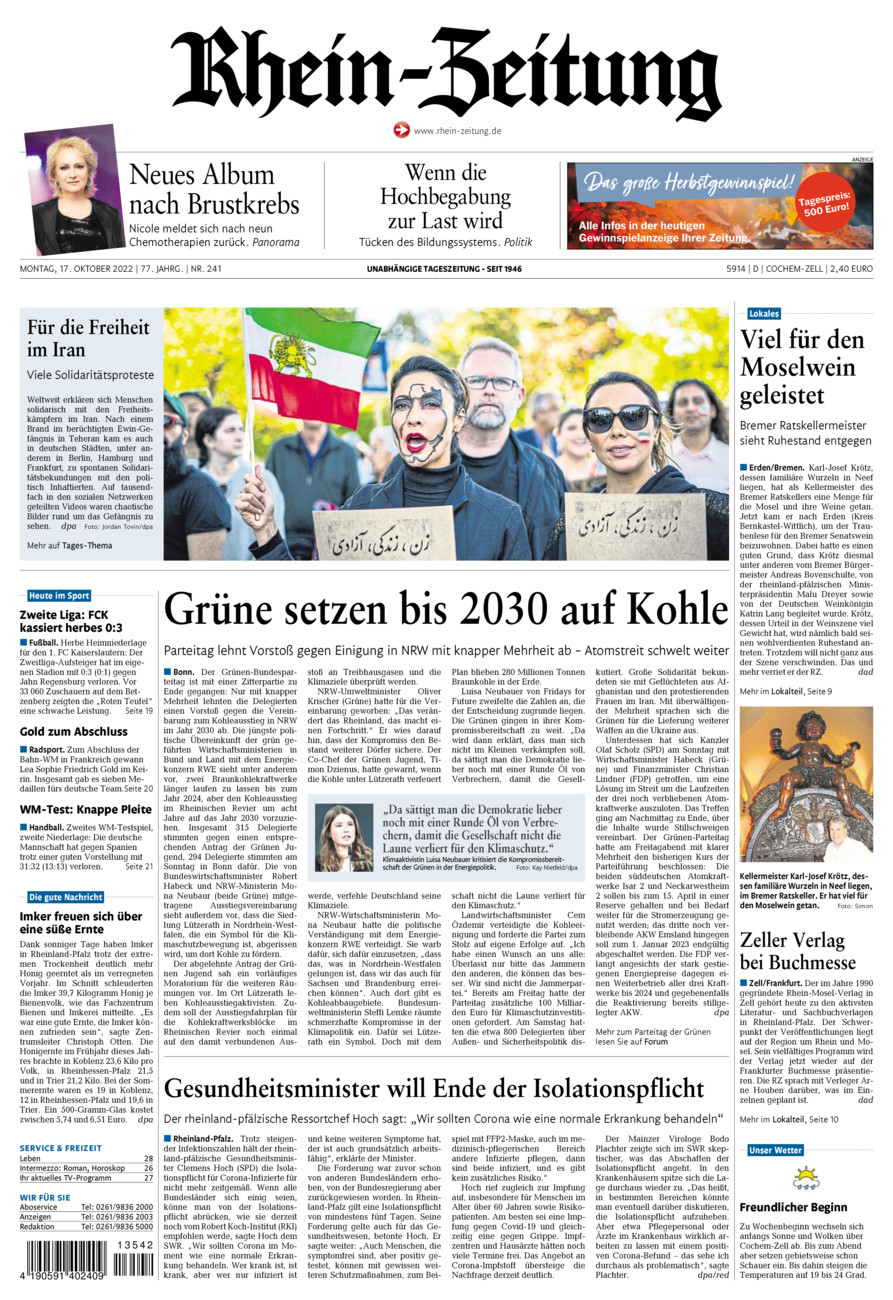 Rhein-Zeitung Kreis Cochem-Zell vom Montag, 17.10.2022