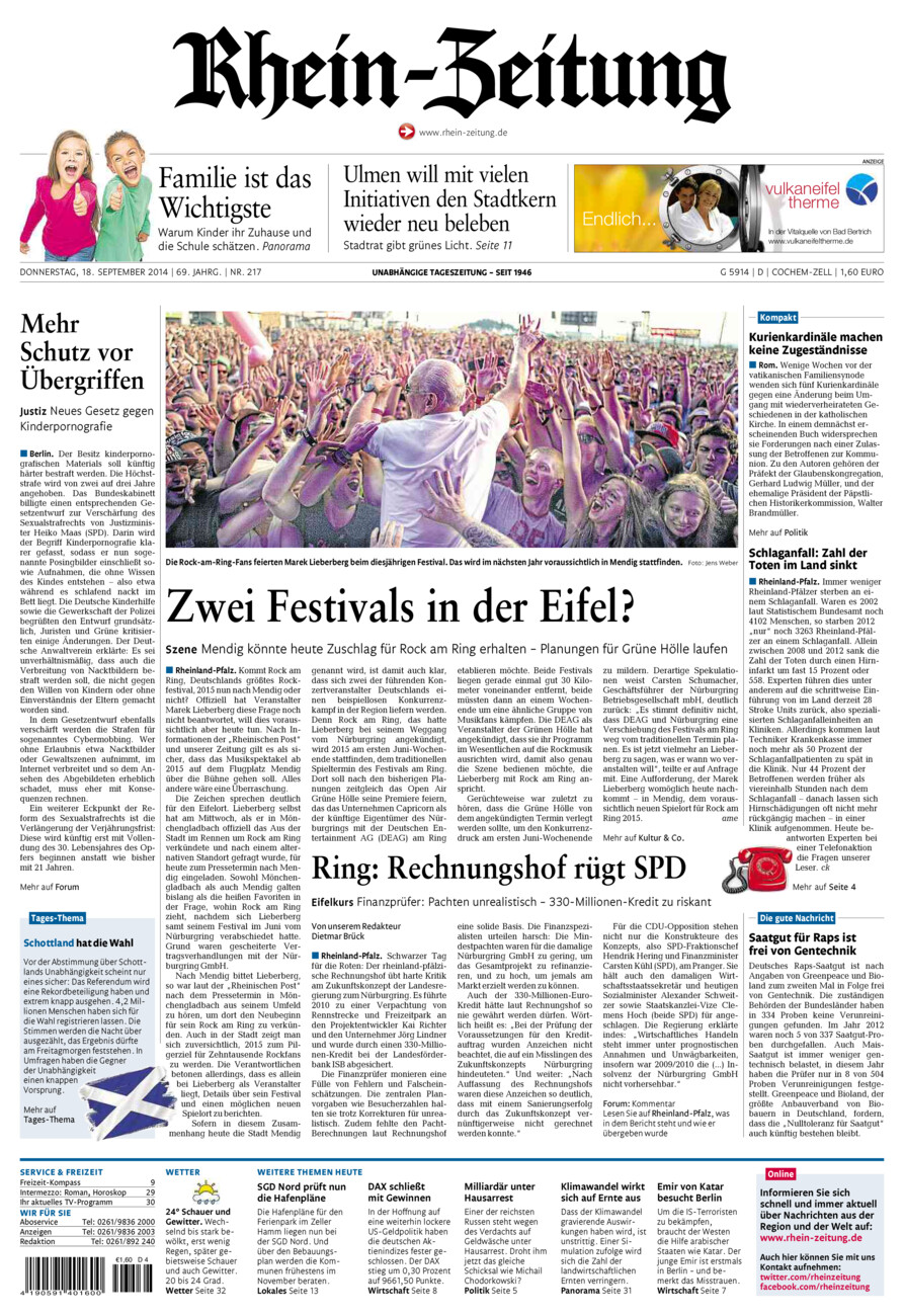 Rhein-Zeitung Kreis Cochem-Zell vom Donnerstag, 18.09.2014