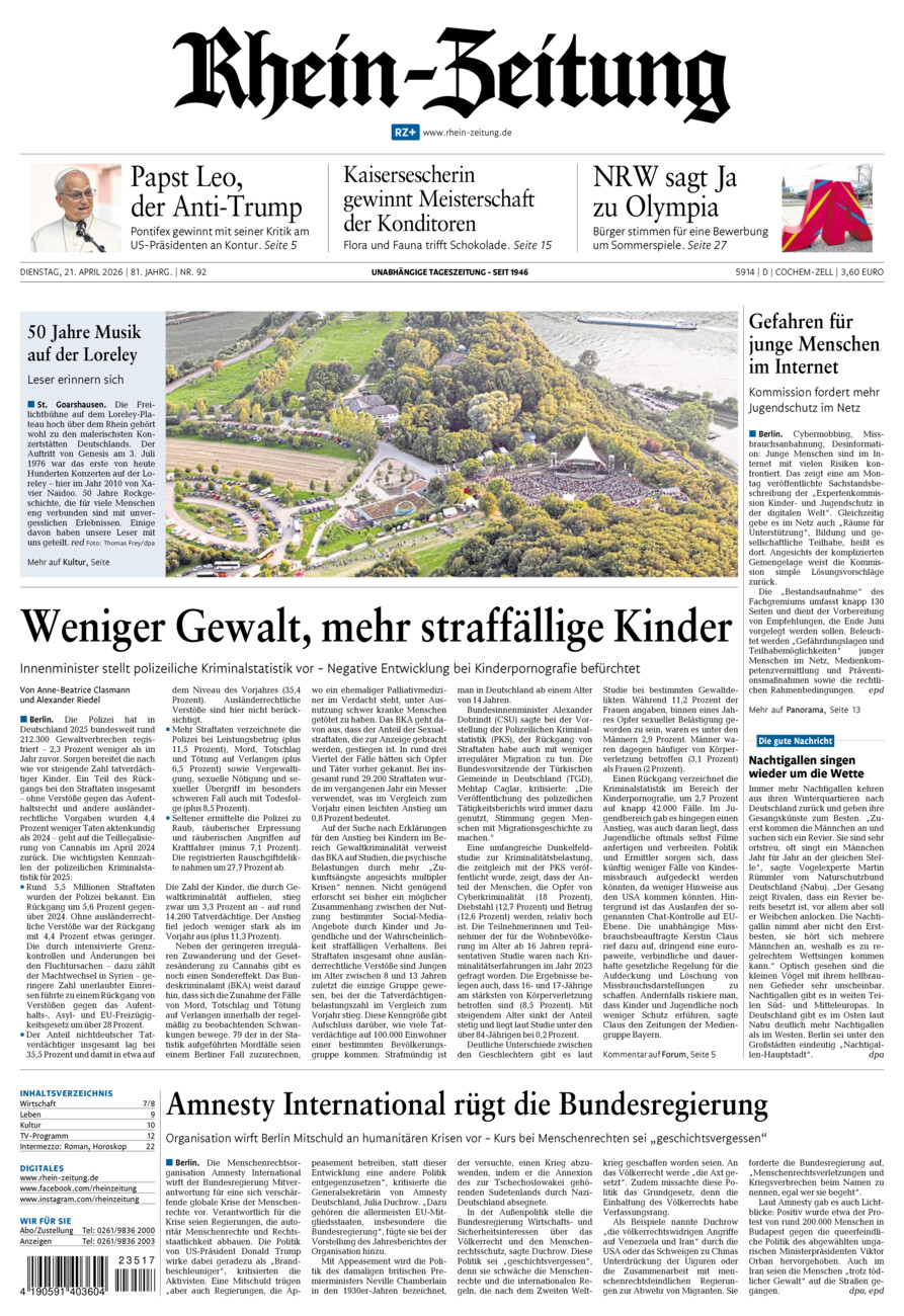 Rhein-Zeitung Kreis Cochem-Zell vom Dienstag, 21.04.2026