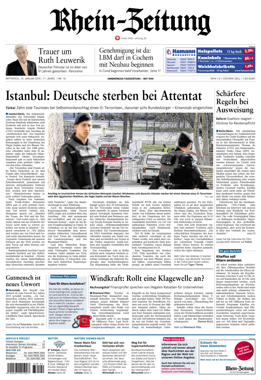 Rhein-Zeitung Kreis Cochem-Zell vom Mittwoch, 13.01.2016