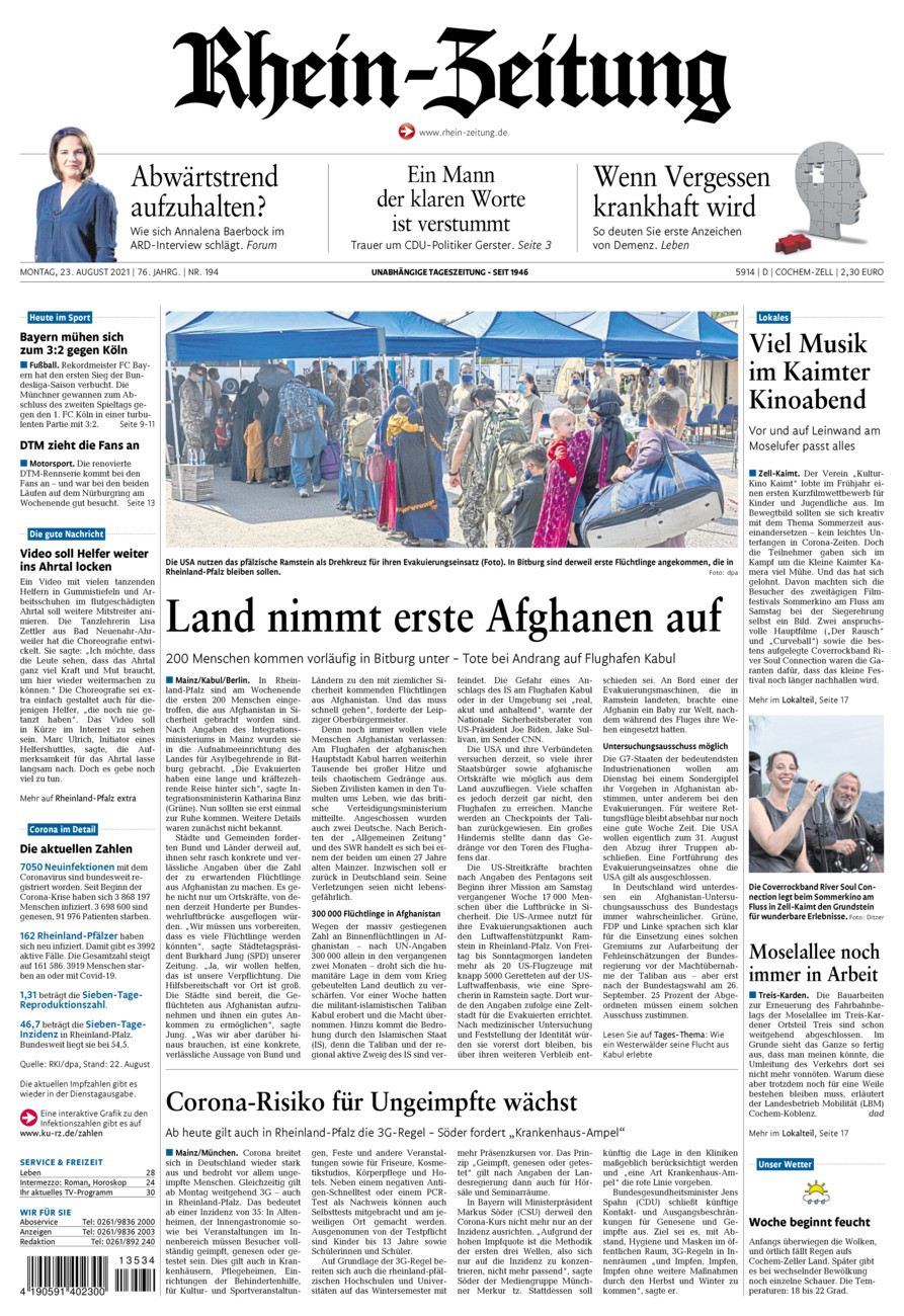 Rhein-Zeitung Kreis Cochem-Zell vom Montag, 23.08.2021