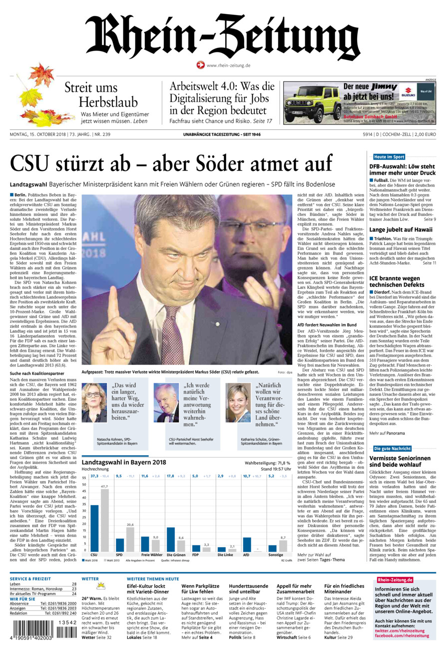 Rhein-Zeitung Kreis Cochem-Zell vom Montag, 15.10.2018