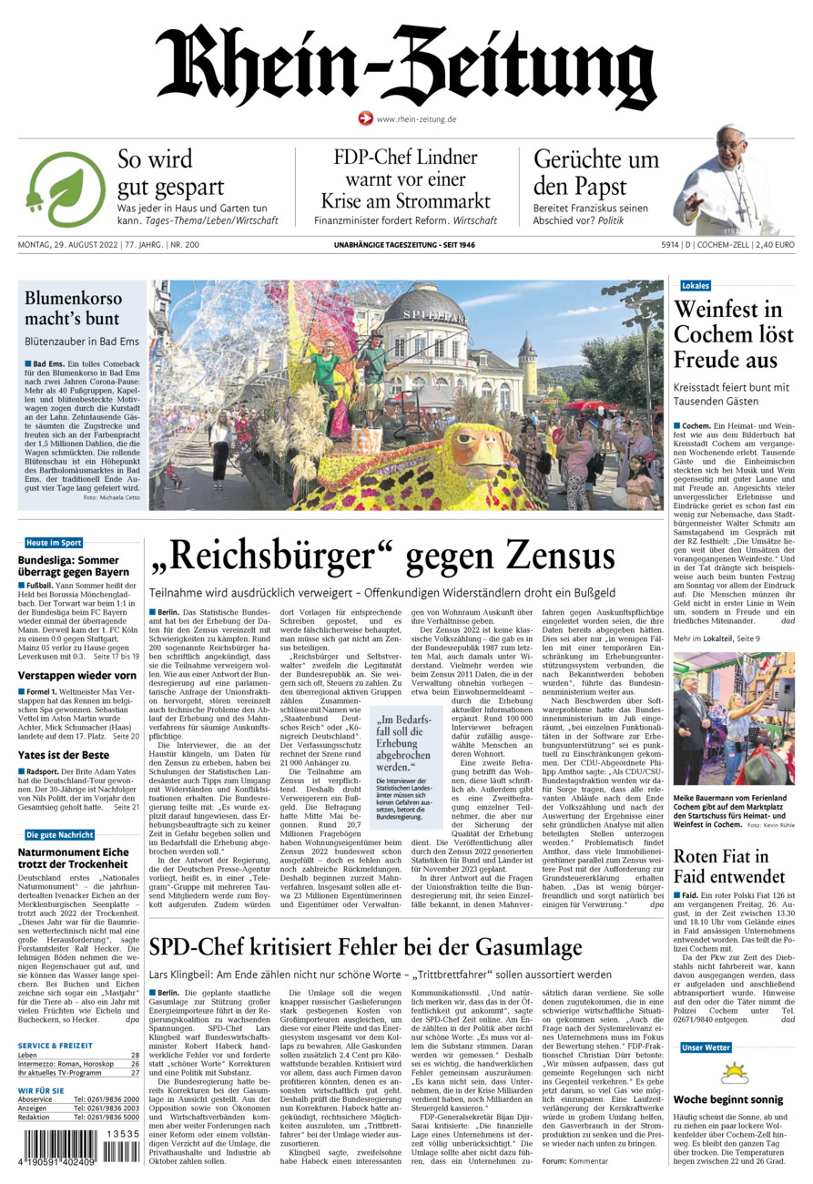 Rhein-Zeitung Kreis Cochem-Zell vom Montag, 29.08.2022