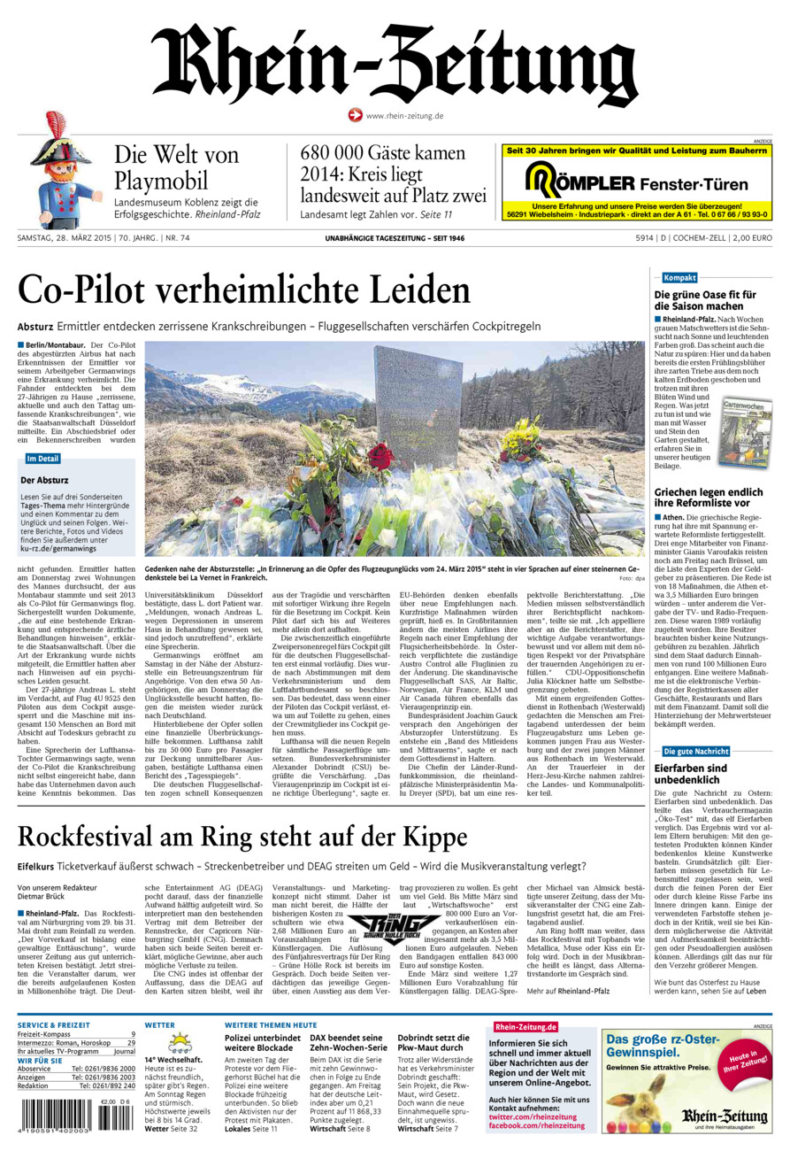Rhein-Zeitung Kreis Cochem-Zell vom Samstag, 28.03.2015