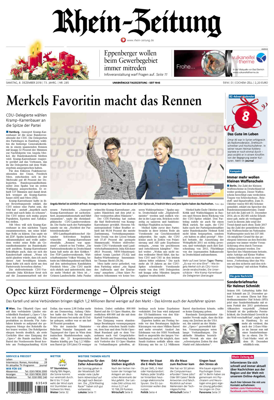 Rhein-Zeitung Kreis Cochem-Zell vom Samstag, 08.12.2018