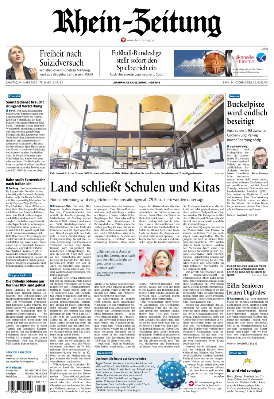 Rhein-Zeitung Kreis Cochem-Zell vom Samstag, 14.03.2020