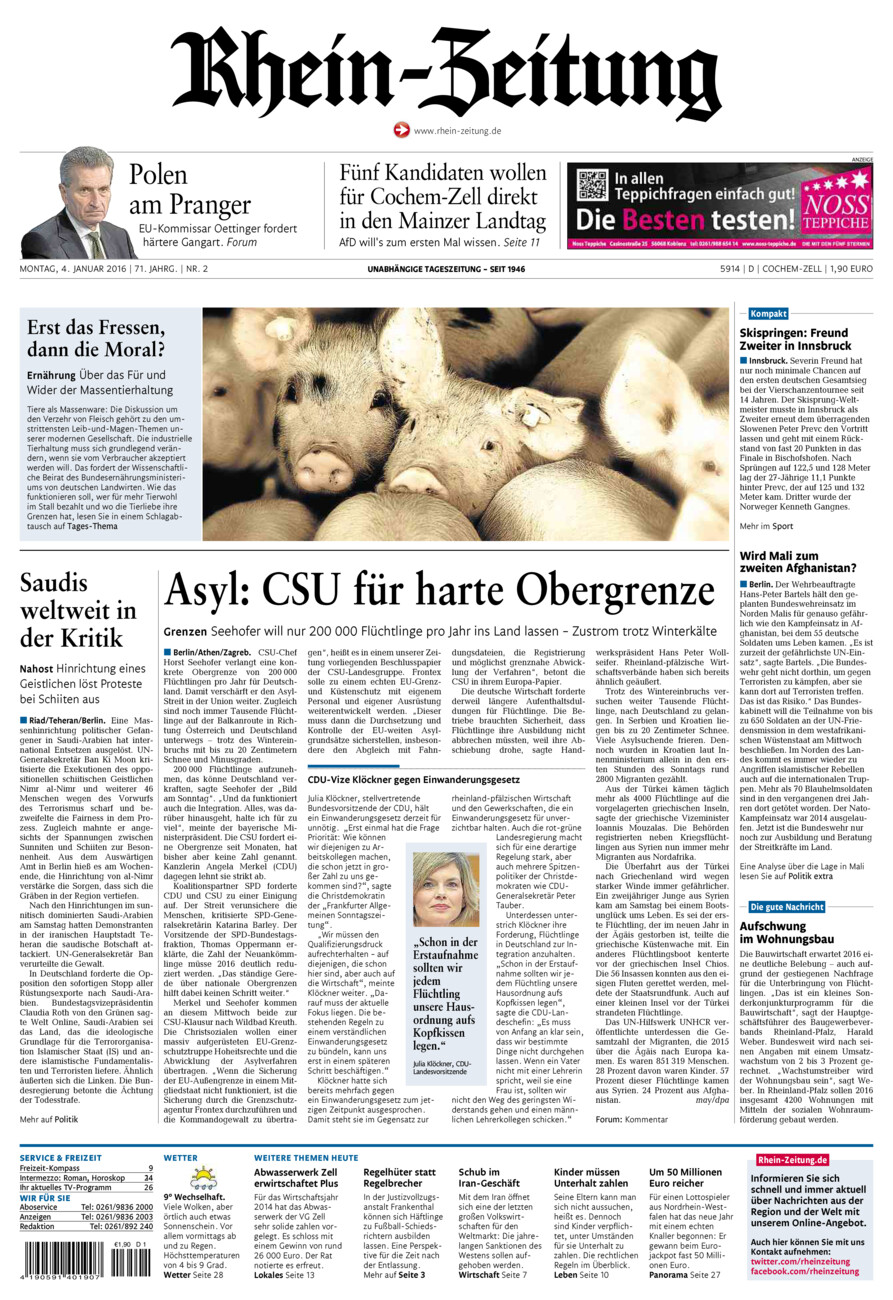 Rhein-Zeitung Kreis Cochem-Zell vom Montag, 04.01.2016