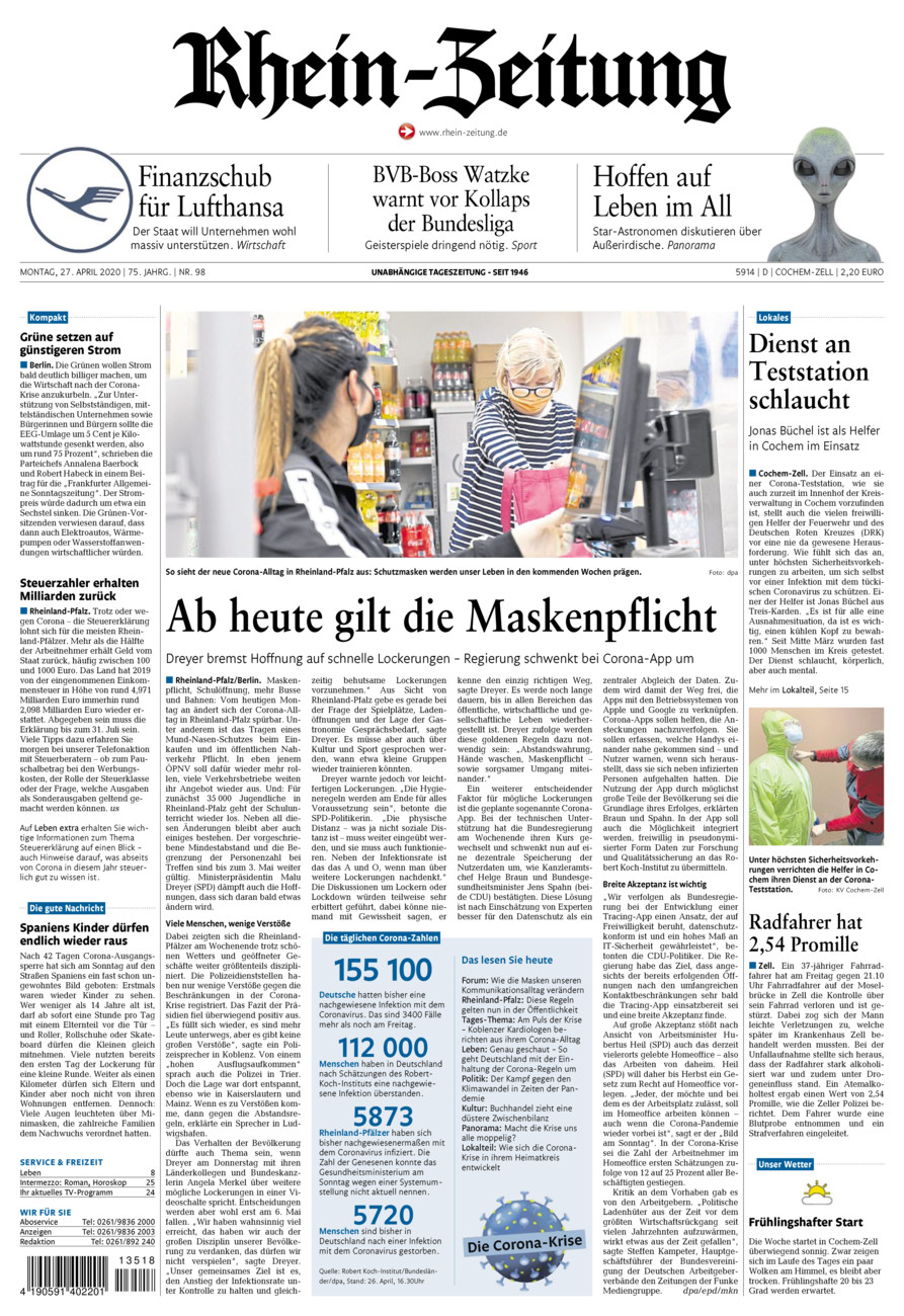 Rhein-Zeitung Kreis Cochem-Zell vom Montag, 27.04.2020