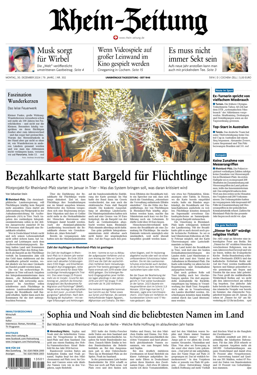 Rhein-Zeitung Kreis Cochem-Zell vom Montag, 30.12.2024