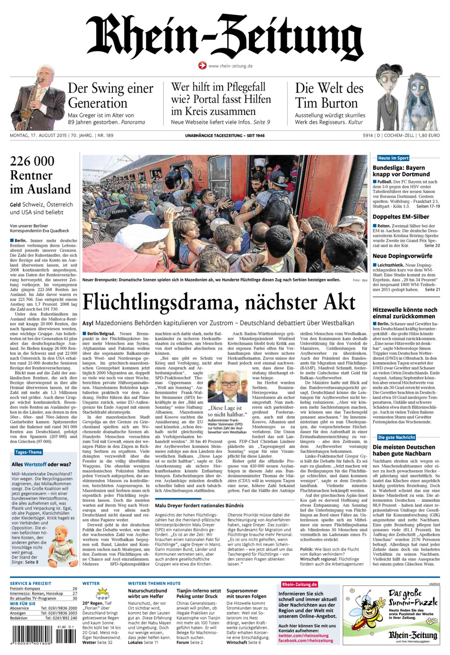 Rhein-Zeitung Kreis Cochem-Zell vom Montag, 17.08.2015