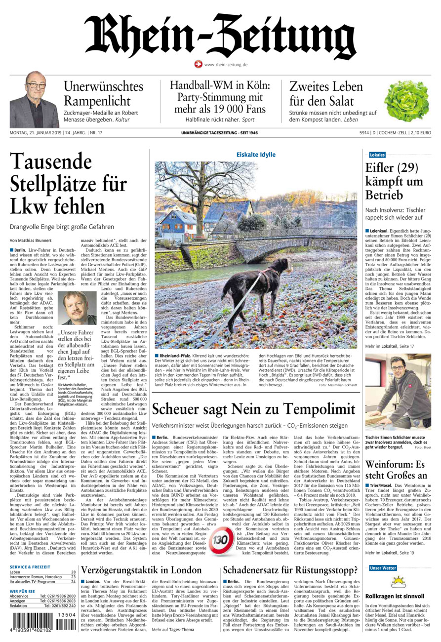 Rhein-Zeitung Kreis Cochem-Zell vom Montag, 21.01.2019