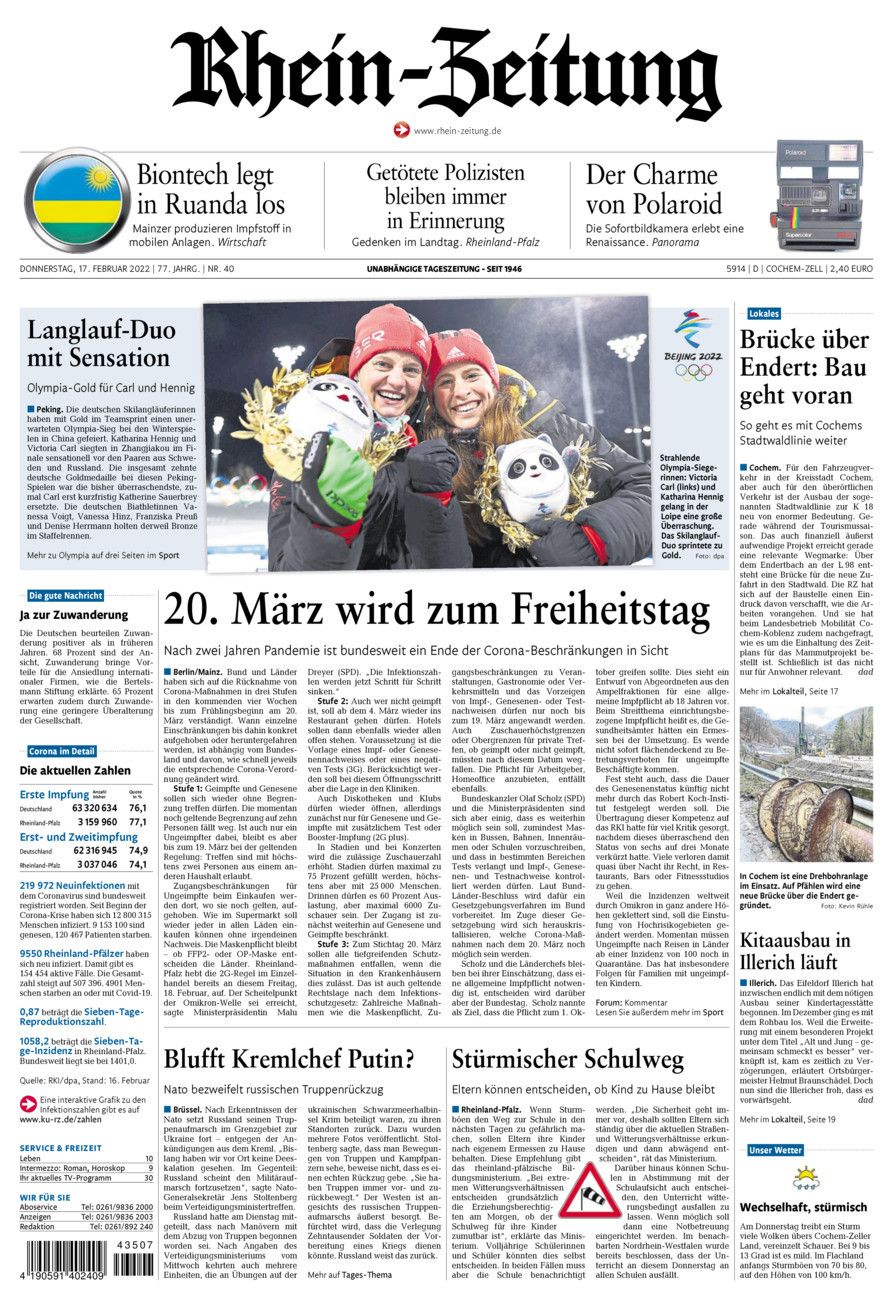 Rhein-Zeitung Kreis Cochem-Zell vom Donnerstag, 17.02.2022