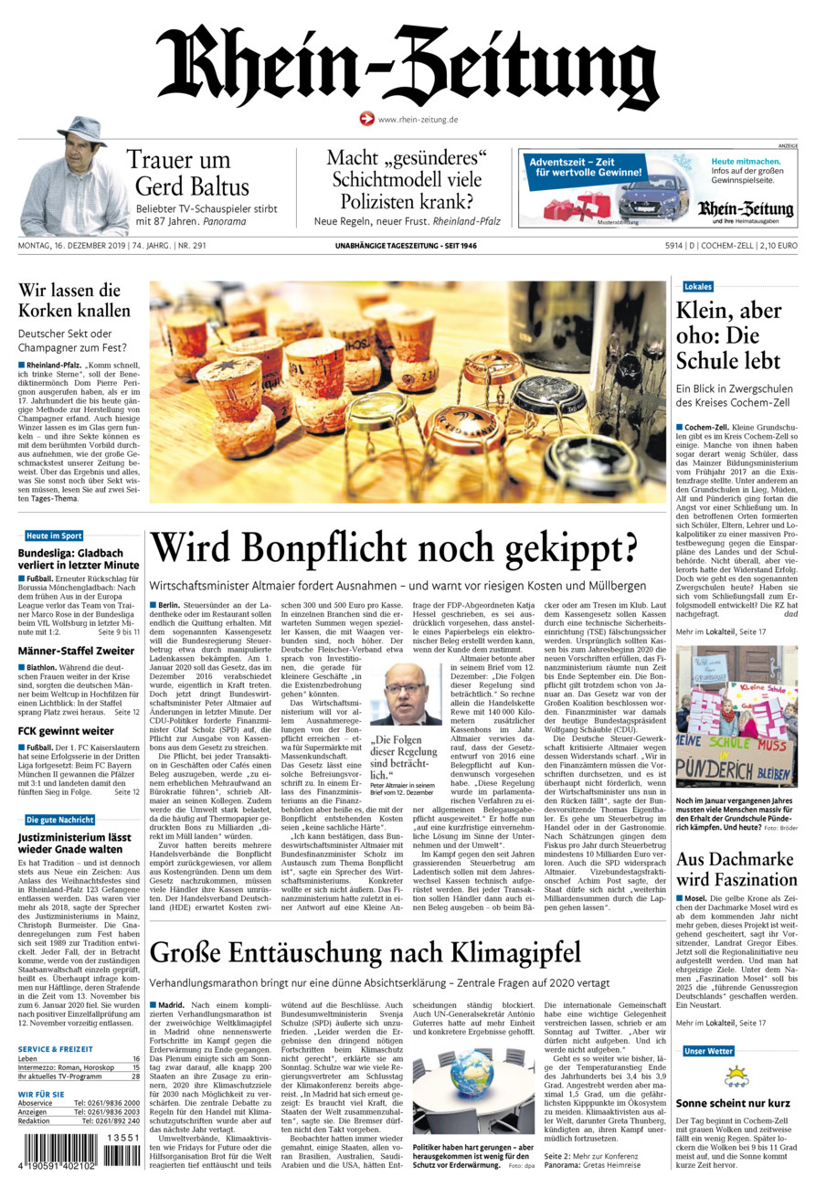 Rhein-Zeitung Kreis Cochem-Zell vom Montag, 16.12.2019