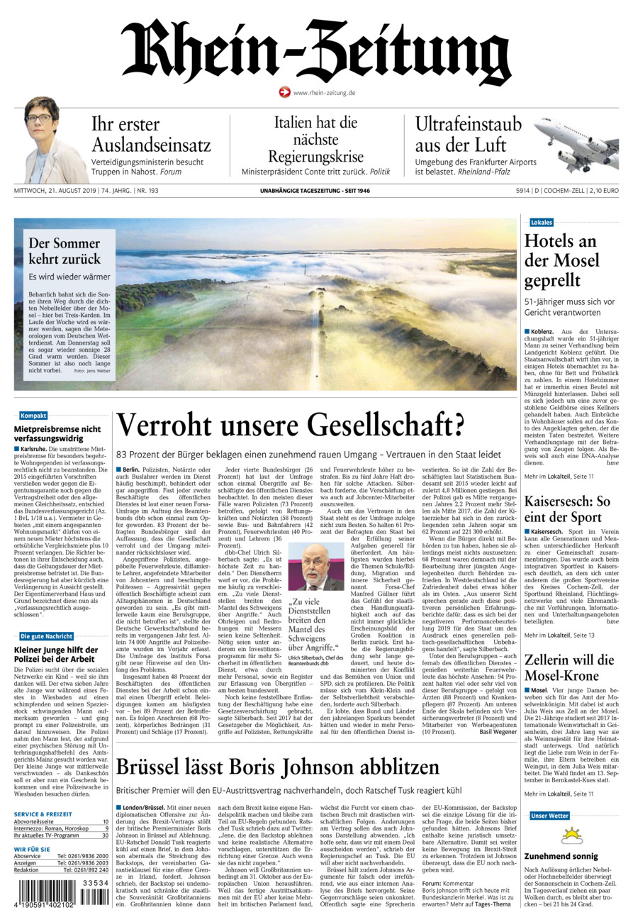Rhein-Zeitung Kreis Cochem-Zell vom Mittwoch, 21.08.2019