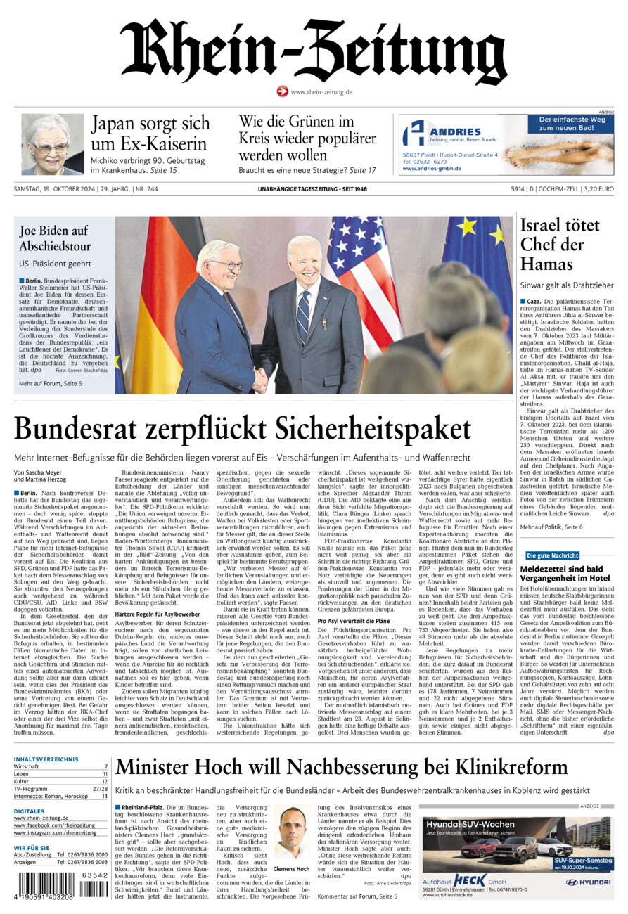 Rhein-Zeitung Kreis Cochem-Zell vom Samstag, 19.10.2024