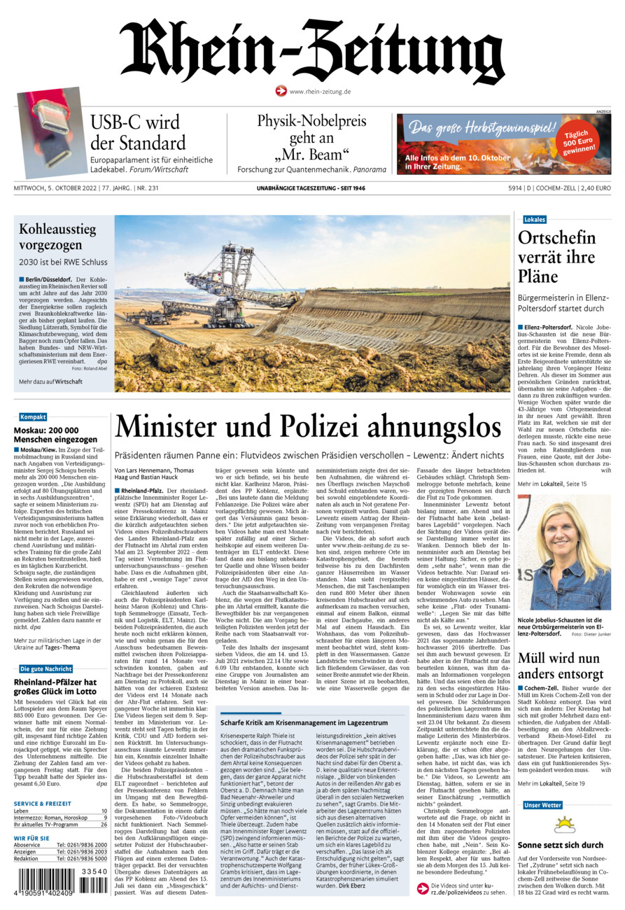 Rhein-Zeitung Kreis Cochem-Zell vom Mittwoch, 05.10.2022