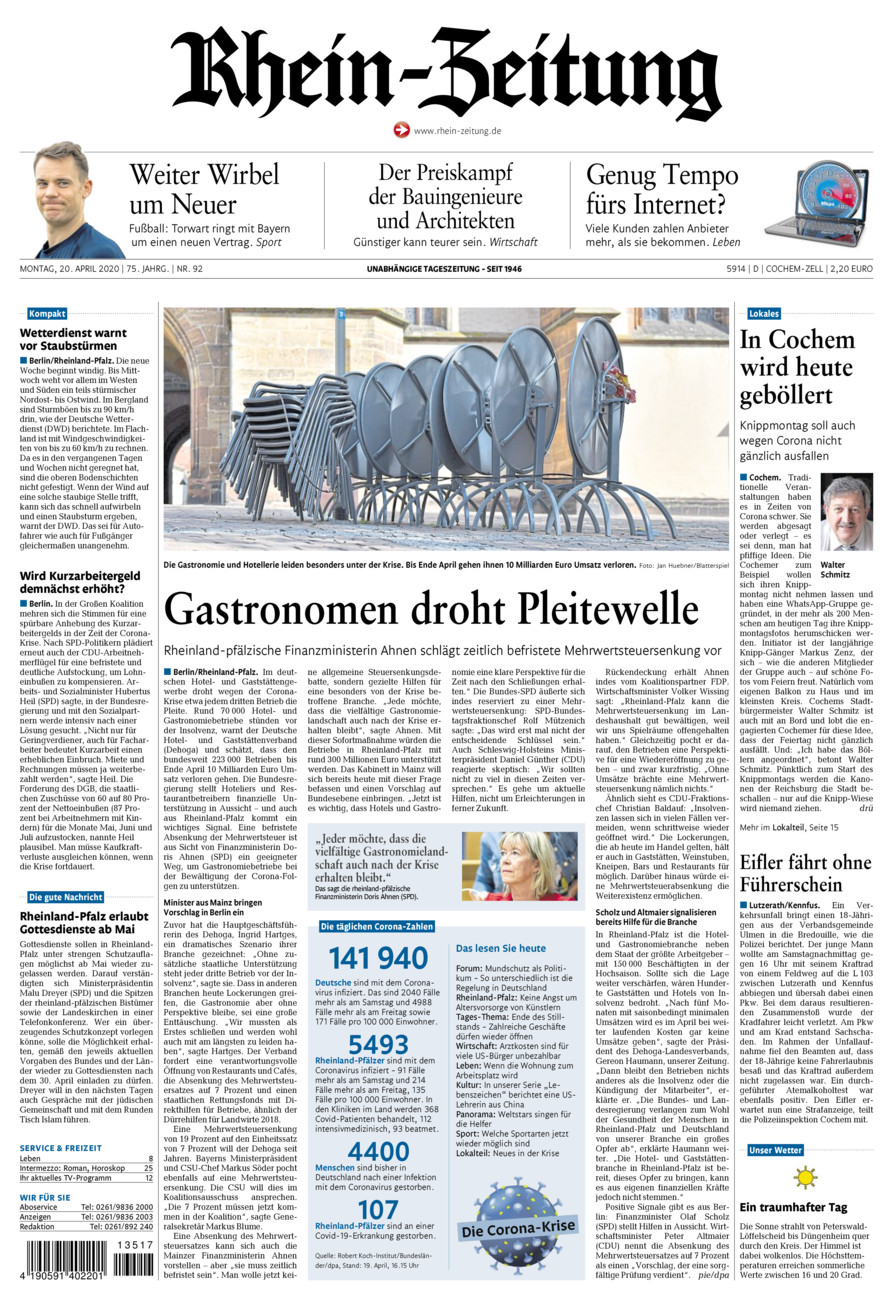 Rhein-Zeitung Kreis Cochem-Zell vom Montag, 20.04.2020